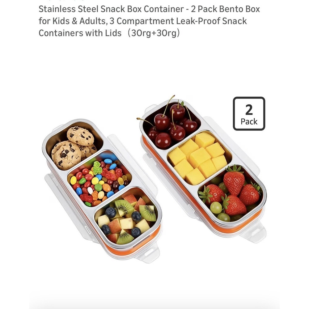 Stainless Steel Snack Box Container - 2 Pack Bento Box for Kids & Adults, 3 C...